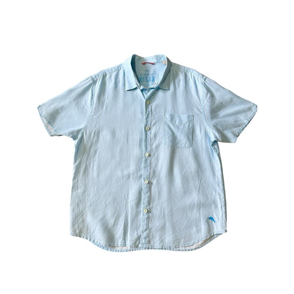 Men’s TOMMY BAHAMA Sz XL Relax Linen Shirt Button Front Short Sleeve Sky Blue